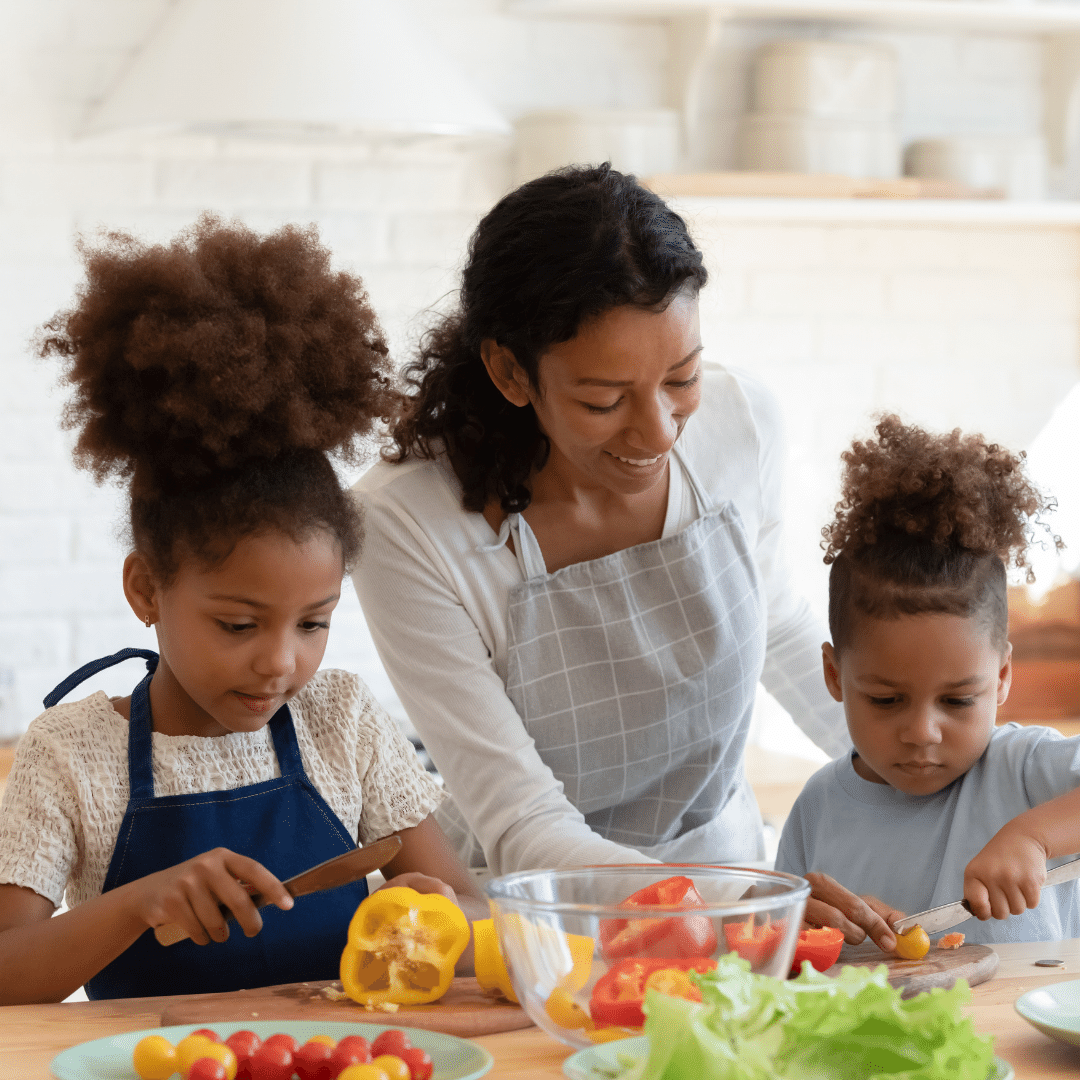 Mom and kids cooking